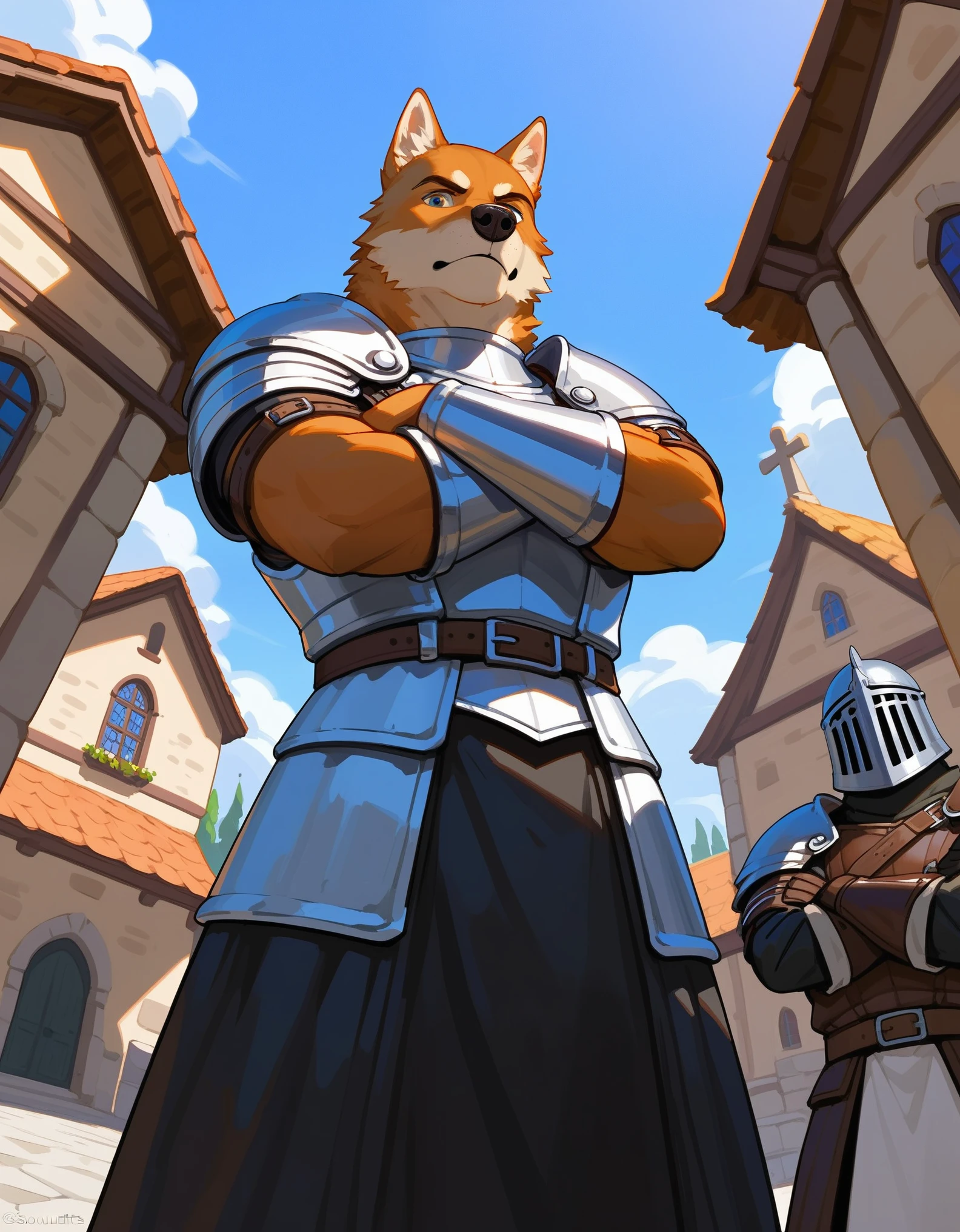 Duo, score_9,score_8_up,score_7_up, duo, two soldiers, male, medieval mercenaries, one is an Anthro furry wolf, the other is a human male, their eyes and faces are shrouded in shadow, they are wearing leather armor, outdoors, in a village, low angle shot, they are looking down at viewer, pov, arms crossed, faceless, their faces are shrouded in darkness, arms crossed, they are standing, grinning deviously  