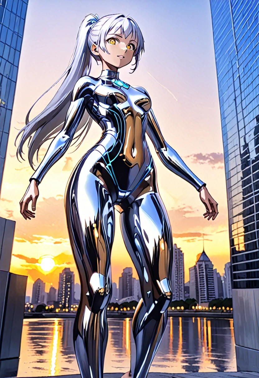 1girl, solo, anime style, 4k quality, masterpiece, best quality, sword art online, yui, long hair, blunt bangs, white hair, very long hair, high ponytail, barefoot, ultrawoman, robot, colored skin, glowing eyes, yellow eyes, flat chest, giantess, giant, metallic face, metallic skin, shiny skin, chrome skin, chrome face, gem on chest, colour timer on chest, chest jewel, blue jewel, muscular, thick_thighs, looking at viewer, full body, smile, open mouth, standing, giantess, outdoor, city, citycape, skyscrapers, ral-chrome