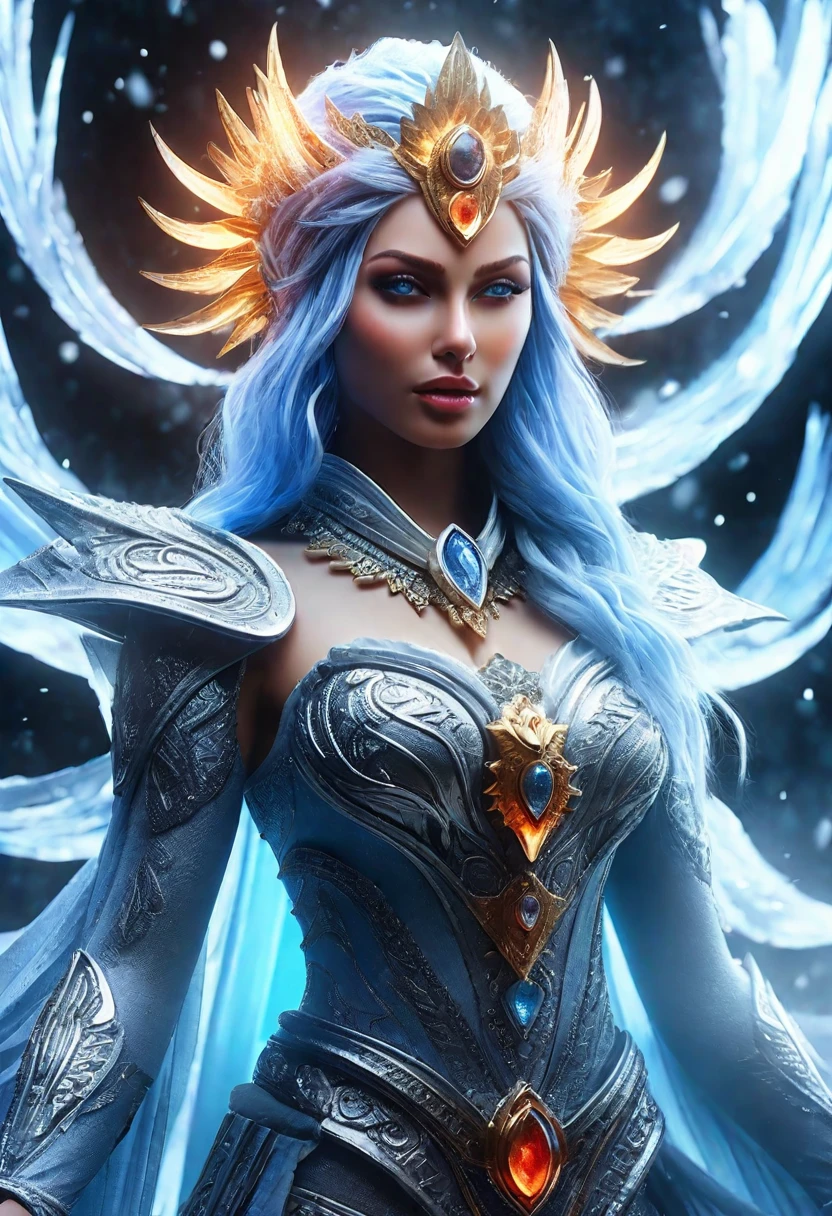 highest detail wide angle shot, best quality, 8k, [ultra detailed], masterpiece, best quality, (extremely detailed), full body, ultra wide shot, photorealistic, Faiza fantasy art, dnd art, rpg art, realistic art, an ultra wide picture of a female human (1.5 intricate details, Masterpiece, best quality) goddess of ice ((misty radiant aura)), controlling a mist of cold radiant magic (1.5 intricate details, Masterpiece, best quality), manipulating blue radiant magical symbols, [[divine symbols]] (1.5 intricate details, Masterpiece, best quality), human female, icy blue hair, long hair with mist, hair with cold blue radiant eyes, intense eyes, ((radiant eyes)), (( red glowing eyes)), dynamic clothing, alien Antarctic back ground, streams of cold wind, celestial background, ((divine worship atmosphere)), high details, best quality, UHD, ultra wide angle