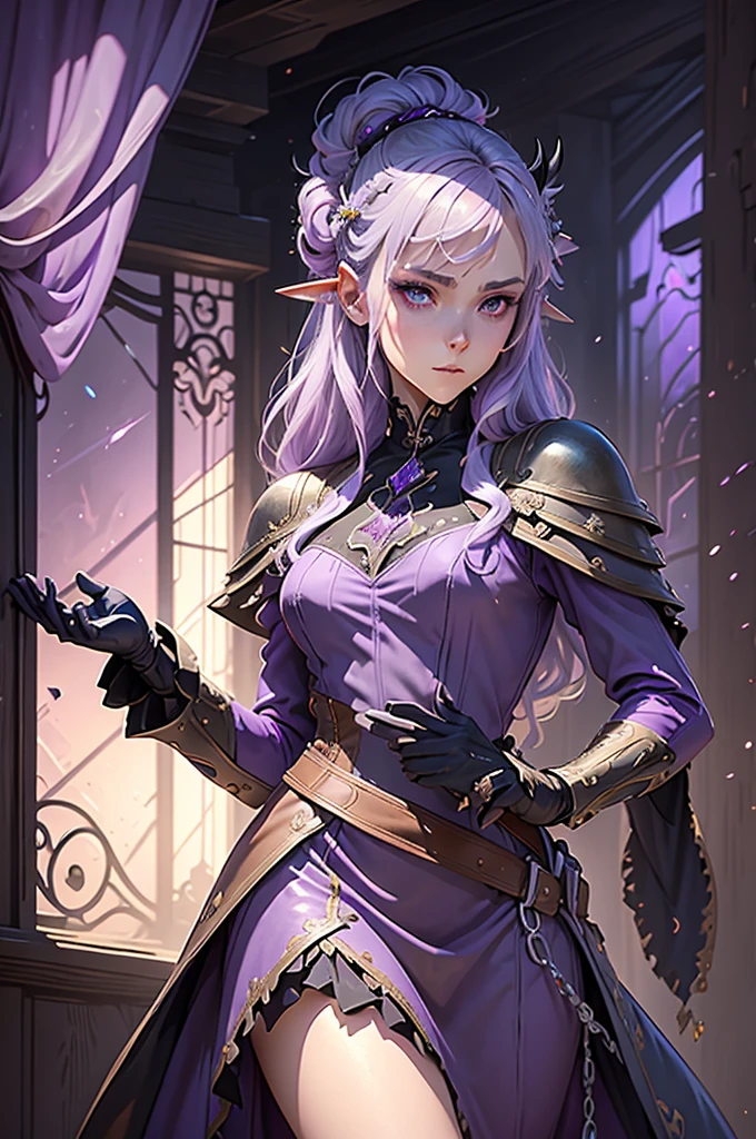 a close up of a person wearing a purple dress and a purple top, beautiful androgynous prince, black horns, silver hair, delicate androgynous prince, androgynous vampire,  wings, classic medieval dress, steampunk beautiful anime woman, attractive androgynous humanoid, beautiful character painting, high quality character design, as a dnd character, official character art, epic exquisite character art, anime character,, tavern background