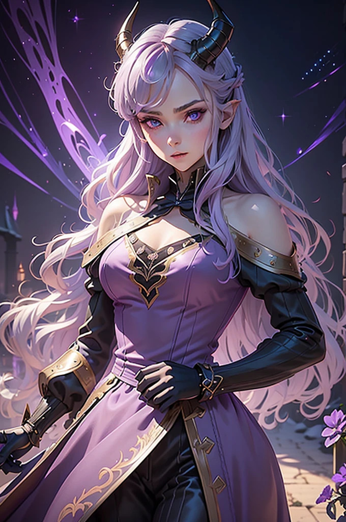 a close up of a person wearing a purple dress and a purple top, beautiful androgynous prince, black horns, silver hair, delicate androgynous prince, androgynous vampire,  wings, classic medieval dress, steampunk beautiful anime woman, attractive androgynous humanoid, beautiful character painting, high quality character design, as a dnd character, official character art, epic exquisite character art, anime character,, tavern background