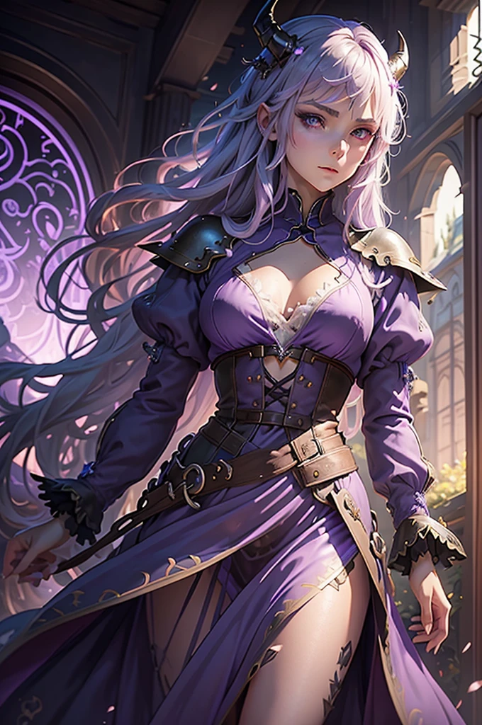 un primer plano de una persona vestida con un vestido morado y una blusa morada, hermoso príncipe andrógino, cuernos negros, Cabello plateado, delicado príncipe andrógino, vampiro andrógino,  alas, vestido clásico medieval, steampunk hermosa anime mujer, atractivo humanoide andrógino, hermosa pintura de personajes, diseño de personajes de alta calidad, como un personaje dnd, arte oficial del personaje, Arte de personajes exquisito y épico., personaje animado,, Fondo de taberna