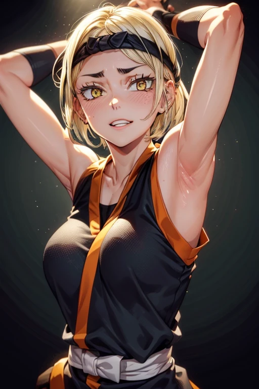 8k high resolution, detailed face, detailed body, perfect body, ultra high quality, 1 girl, sleeveless shirt, arms up, armpit, sweating, black headband, yellow eyes