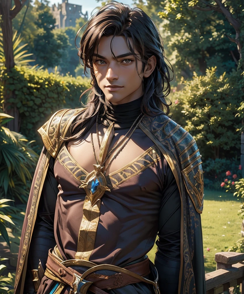 (((Single character image.))) (((1boy)))   (((Dressed in medieval fantasy attire.))) This is a dashing male adventurer in a high fantasy setting.  He is attractive to women and has all the attributes that make him a heartthrob. (1boy, one male) (male focus) ((front view)) (full body),  (((muscular male, bodybuilder))), (large pectorals) (big pecs), (hairy), (chest hair, abdomen hair), thick epic, heroic, tanned, perfect face, (detailed facial features), long hair, sexy smile, outdoor setting, highly detailed, volumetric light, artstation, strong erotic overtones, 
 flirty, best quality:1.0,hyperealistic:1.0,photorealistic:1.0,madly detailed CG unity 8k wallpaper:1.0,masterpiece:1.3,madly detailed photo:1.2, hyper-realistic lifelike texture:1.4, picture-perfect:1.0,8k, HQ,best quality:1.0,