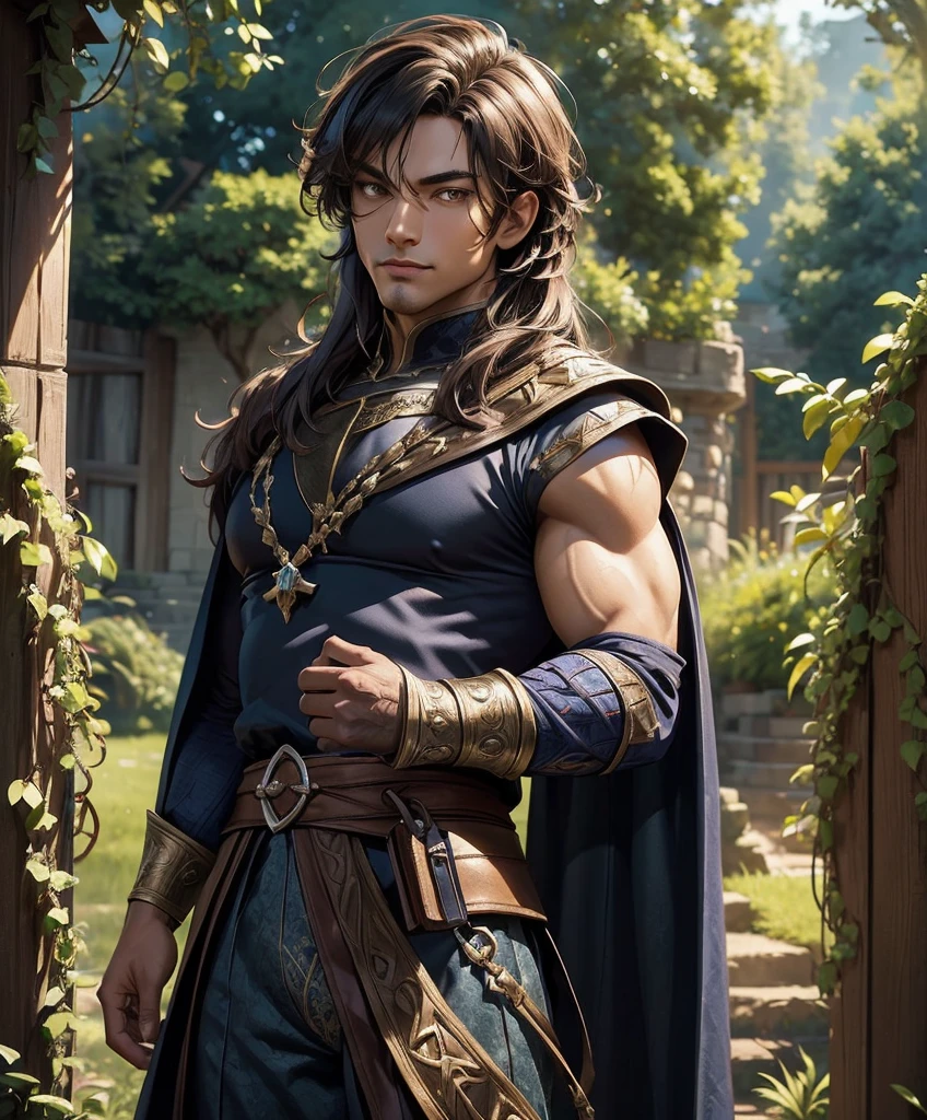 (((Single character image.))) (((1boy)))   (((Dressed in medieval fantasy attire.))) This is a dashing male adventurer in a high fantasy setting.  He is attractive to women and has all the attributes that make him a heartthrob. (1boy, one male) (male focus) ((front view)) (full body),  (((muscular male, bodybuilder))), (large pectorals) (big pecs), (hairy), (chest hair, abdomen hair), thick epic, heroic, tanned, perfect face, (detailed facial features), long hair, sexy smile, outdoor setting, highly detailed, volumetric light, artstation, strong erotic overtones, 
 flirty, best quality:1.0,hyperealistic:1.0,photorealistic:1.0,madly detailed CG unity 8k wallpaper:1.0,masterpiece:1.3,madly detailed photo:1.2, hyper-realistic lifelike texture:1.4, picture-perfect:1.0,8k, HQ,best quality:1.0,