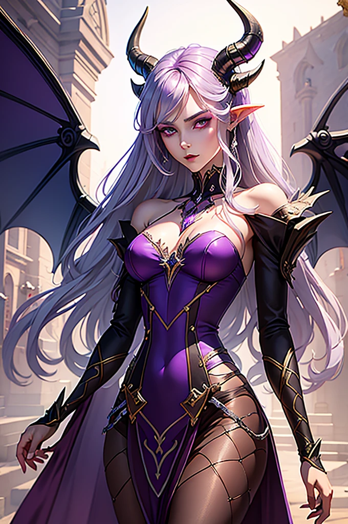 a close up of a person wearing a purple dress and a purple top, beautiful androgynous prince, black horns, silver hair, delicate androgynous prince, androgynous vampire,  wings, classic medieval dress, steampunk beautiful anime woman, attractive androgynous humanoid, beautiful character painting, high quality character design, as a dnd character, official character art, epic exquisite character art, anime character,, tavern background