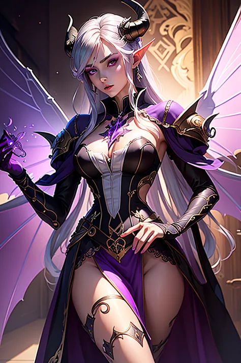 a close up of a person wearing a purple dress and a purple top, beautiful androgynous prince, black horns, silver hair, delicate...