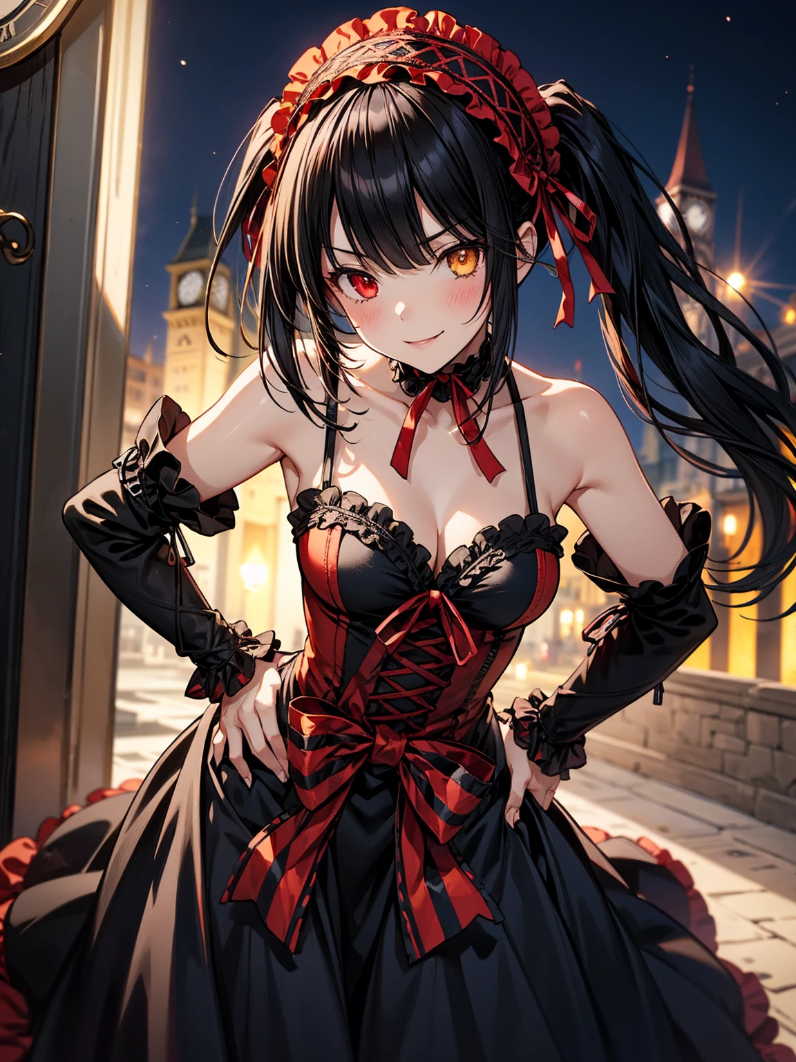 Very detailed, highest quality, masterpiece, gravure body type, medium breasts, moody angle, cowboy shot,( 1girl, solo:1.5), aakurumi, long hair, twintails, hairband, heterochromia, medium breasts, cleavage, black choker, red ribbon, bare shoulders, gothic, red dress, red bow, detached sleeves, very detailed background, outdoors, smile, hand on hip, night, city,( Clock tower in the background), leaning forward