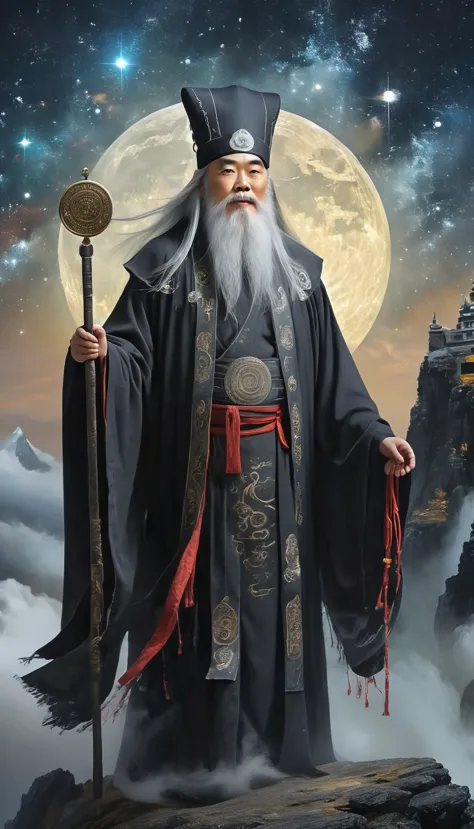 a wise old chinese taoist sorcerer in flowing black robe, long white beard and eyebrows, wearing a traditional scholar's hat, st...