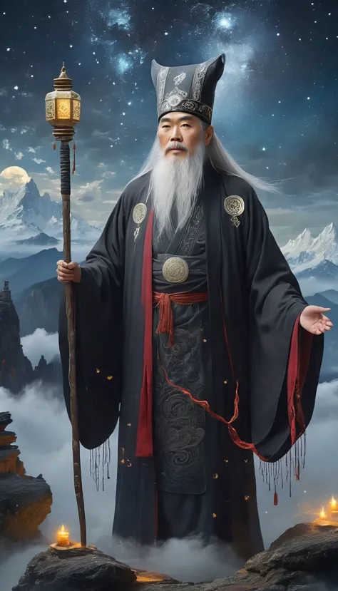 a wise old chinese taoist sorcerer in flowing black robe, long white beard and eyebrows, wearing a traditional scholar's hat, st...