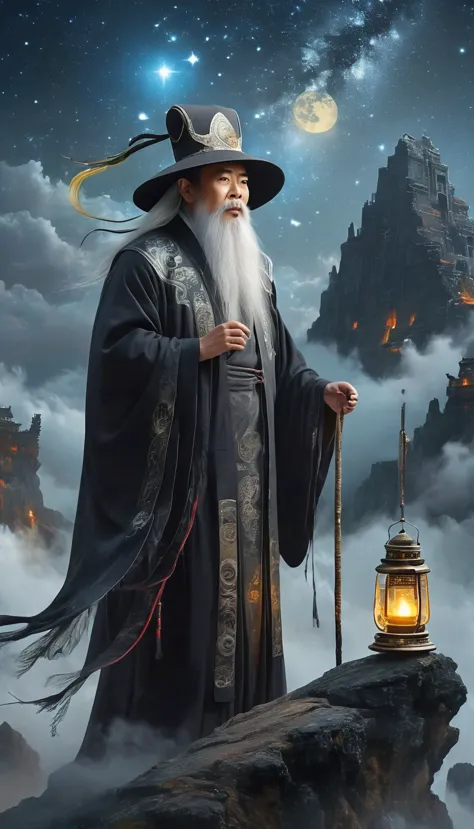 a wise old chinese taoist sorcerer in flowing black robe, long white beard and eyebrows, wearing a traditional scholar's hat, st...