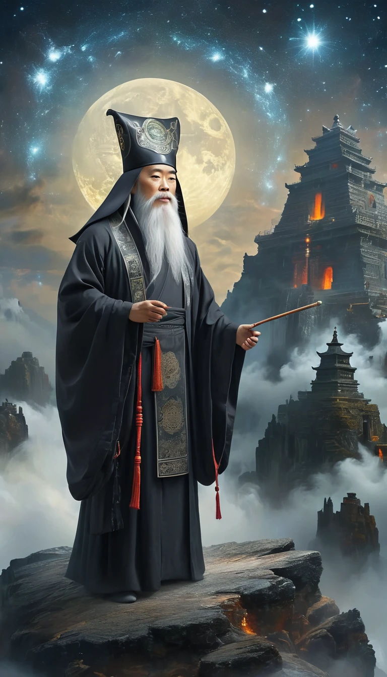 a wise old Chinese Taoist sorcerer in flowing black robe, long white beard and eyebrows, wearing a traditional scholar's hat, standing on a mountain peak gazing at the starry night sky, surrounded by glowing mystical runes and symbols, ethereal atmosphere, highly detailed, cinematic lighting, digital art, concept art, fantasy，compass，Seven Star Array，Astral