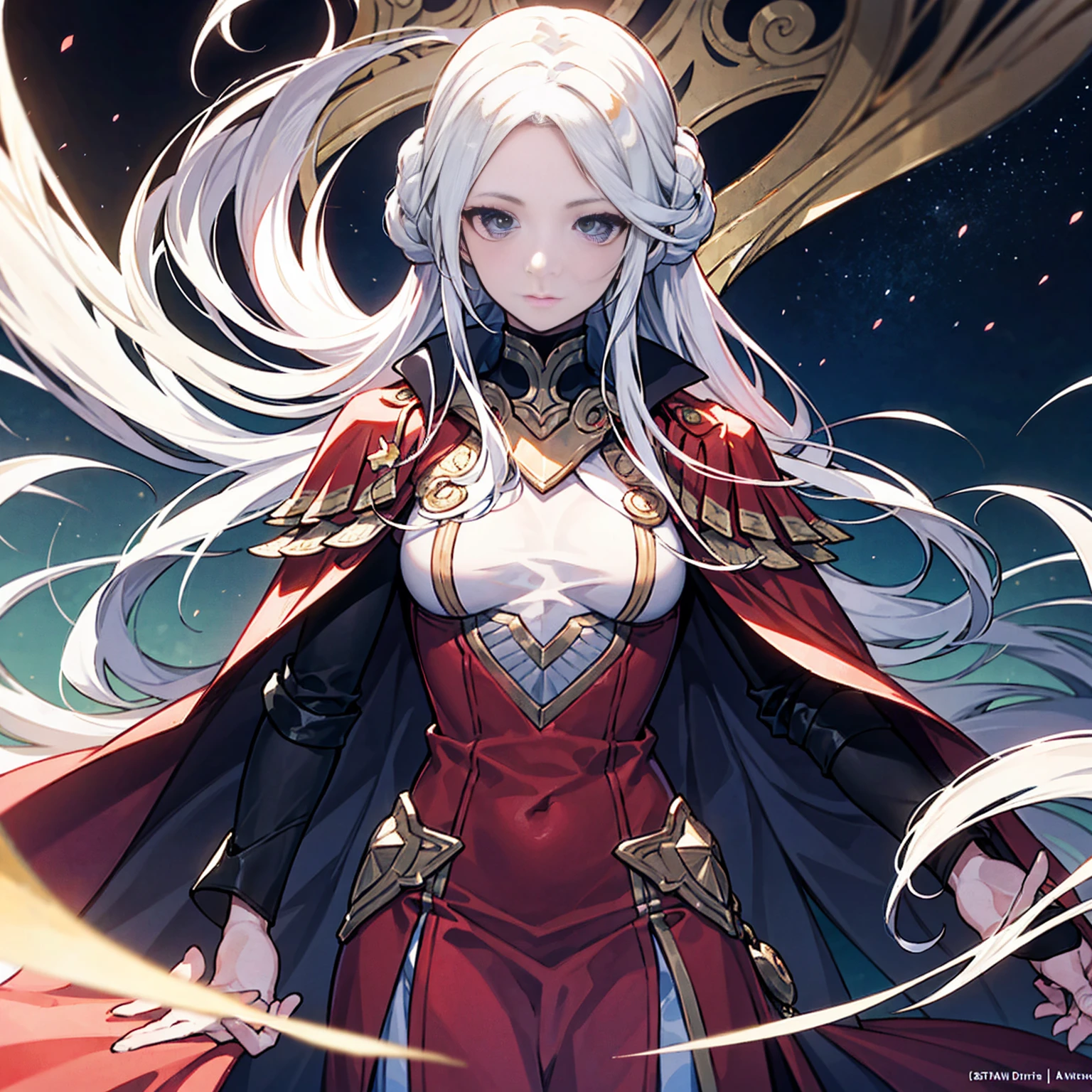 生成阿尔丰斯·穆夏风格的高分辨率电影海报, 以《火焰纹章》中的 Edelgard von Hresvelg 为特色，脸部细节丰富, 飘逸的白发, 编织侧锁, 一只金色的眼睛, 以及皇帝的服装, 重点关注上半身 (平胸).  包括美丽的, 细致的眼睛, 详细的手, 体育电影灯光, 皮肤苍白, 并以动态姿势直视观众.  使用具有纹理皮肤的杂志封面风格, 超级细节, 塔罗牌边框, 动态条纹, 暗淡的配色方案, 以及单人全身描绘.  对于替代提示, 描绘了一位身穿白色长袍、头戴月桂叶的苏美尔半神的详细面孔和温柔的微笑, 以繁荣的美索不达米亚文明和古代宫殿为背景, 星星, 和漂浮颗粒, 参考乌鲁克的金字形神塔.