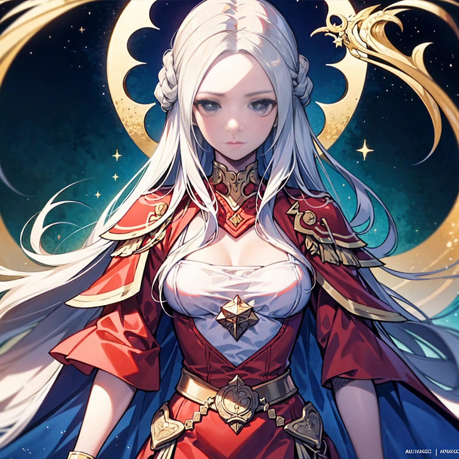 สร้างโปสเตอร์หนังที่มีความละเอียดสูงในสไตล์ของ Alphonse Mucha, นำเสนอ Edelgard von Hresvelg จาก Fire Emblem พร้อมใบหน้าที่มีรายละเอียด, ผมขาวสลวย, ล็อคด้านข้างแบบถัก, ตาสีทอง, และเครื่องแต่งกายของจักรพรรดิ์, โดยเน้นไปที่ร่างกายส่วนบน (หน้าอกแบน).  รวมความสวย, ดวงตาที่มีรายละเอียด, มือที่มีรายละเอียด, แสงภาพยนตร์กีฬา, ผิวสีซีด, และท่าทางแบบไดนามิกโดยมองตรงไปที่ผู้ชม.  ใช้รูปแบบปกนิตยสารที่มีผิวสัมผัส, รายละเอียดสุดยอด, เส้นขอบไพ่ทาโรต์, เส้นไดนามิก, โทนสีสลัว, และการแสดงเดี่ยวทั้งตัว.  สำหรับพรอมต์สำรอง, พรรณนาถึงใบหน้าที่มีรายละเอียดพร้อมรอยยิ้มอันอ่อนโยนของเทพสุเมเรียนในชุดคลุมสีขาวและลอเรล, โดยมีฉากหลังเป็นอารยธรรมเมโสโปเตเมียที่เจริญรุ่งเรืองพร้อมพระราชวังโบราณ, ดาว, และอนุภาคที่ลอยอยู่, อ้างอิงถึงซิกกุรัตแห่งอุรุค.