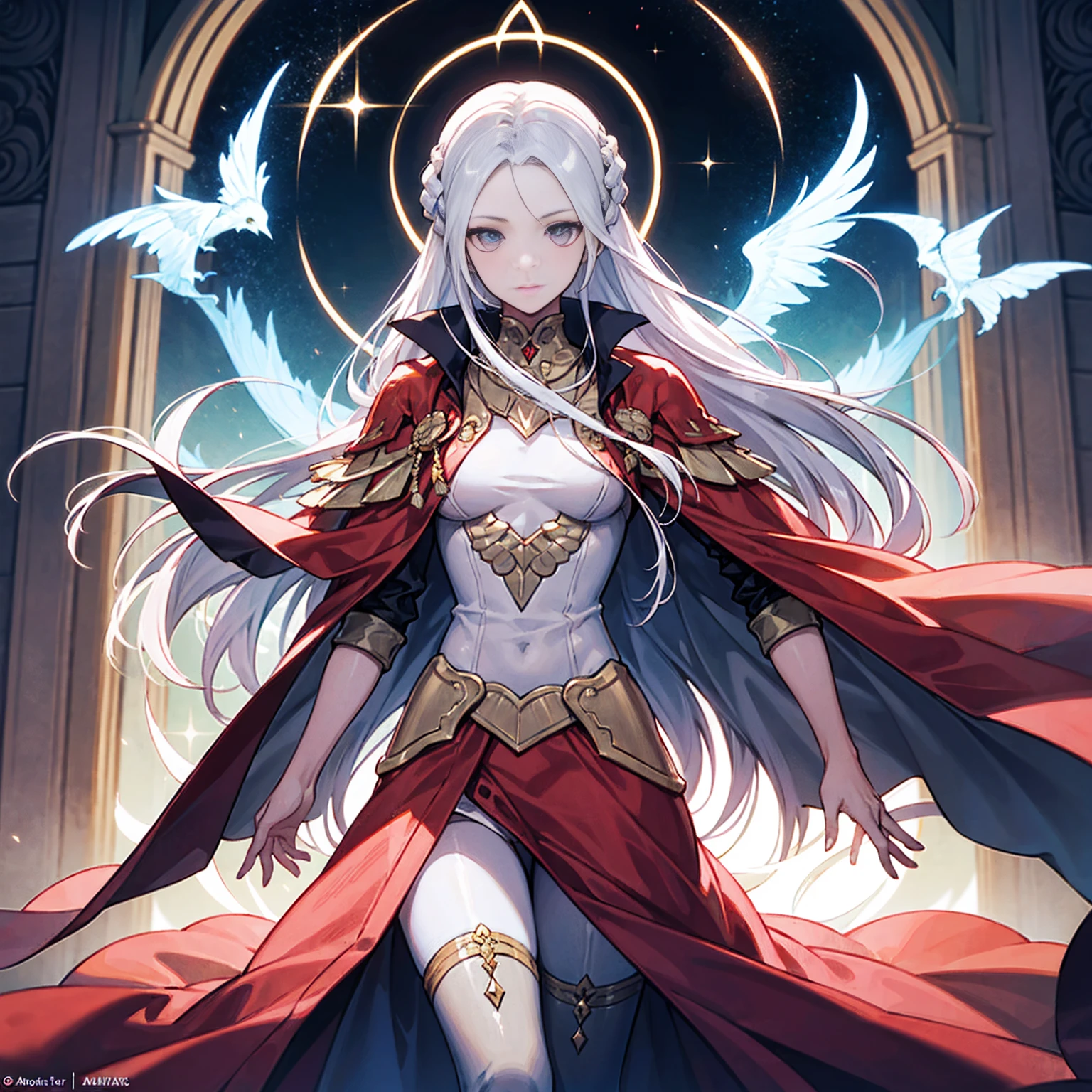 Genera un póster de película de alta resolución al estilo de Alphonse Mucha, presentando a Edelgard von Hresvelg de Fire Emblem con un rostro detallado, pelo blanco que fluye, Cierres laterales trenzados, un ojo de oro, y el atuendo del Emperador, con un enfoque en la parte superior del cuerpo (pecho plano).  Incluir hermoso, ojos detallados, Una mano detallada, iluminación de película deportiva, Piel pálida, y una pose dinámica mirando directamente al espectador.  Utilice un estilo de portada de revista con piel texturizada, Súper detalle, bordes de tarot, rachas dinámicas, una paleta de colores tenue, y retrato completo de cuerpo entero.  Para la indicación alternativa, representa un rostro detallado con una suave sonrisa de un semidiós sumerio con túnicas blancas y laurel, ambientado en un telón de fondo de una civilización mesopotámica próspera con palacios antiguos, estrellas, y partículas flotantes, haciendo referencia al zigurat de Uruk.