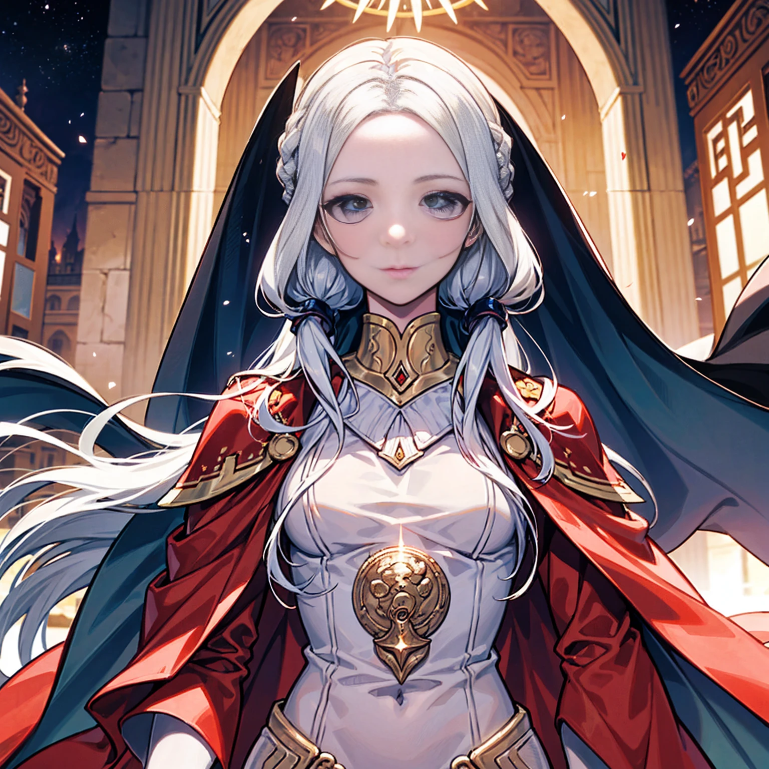 สร้างโปสเตอร์หนังที่มีความละเอียดสูงในสไตล์ของ Alphonse Mucha, นำเสนอ Edelgard von Hresvelg จาก Fire Emblem พร้อมใบหน้าที่มีรายละเอียด, ผมขาวสลวย, ล็อคด้านข้างแบบถัก, ตาสีทอง, และเครื่องแต่งกายของจักรพรรดิ์, โดยเน้นไปที่ร่างกายส่วนบน (หน้าอกแบน).  รวมความสวย, ดวงตาที่มีรายละเอียด, มือที่มีรายละเอียด, แสงภาพยนตร์กีฬา, ผิวสีซีด, และท่าทางแบบไดนามิกโดยมองตรงไปที่ผู้ชม.  ใช้รูปแบบปกนิตยสารที่มีผิวสัมผัส, รายละเอียดสุดยอด, เส้นขอบไพ่ทาโรต์, เส้นไดนามิก, โทนสีสลัว, และการแสดงเดี่ยวทั้งตัว.  สำหรับพรอมต์สำรอง, พรรณนาถึงใบหน้าที่มีรายละเอียดพร้อมรอยยิ้มอันอ่อนโยนของเทพสุเมเรียนในชุดคลุมสีขาวและลอเรล, โดยมีฉากหลังเป็นอารยธรรมเมโสโปเตเมียที่เจริญรุ่งเรืองพร้อมพระราชวังโบราณ, ดาว, และอนุภาคที่ลอยอยู่, อ้างอิงถึงซิกกุรัตแห่งอุรุค.