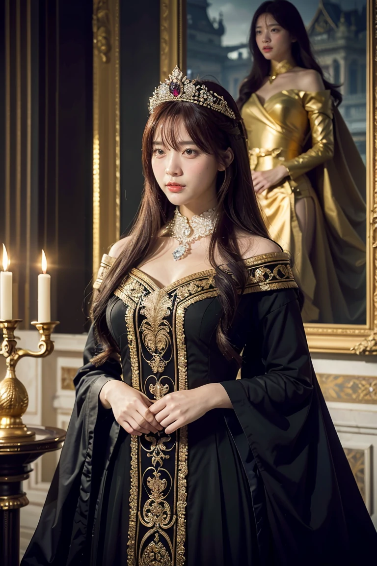 (best quality,4k,8k,highres,masterpiece:1.2),ultra-detailed,(realistic,photorealistic,photo-realistic:1.37),oil painting,princess,medieval,fantasy,royalty,arrogant,tyrannical ruler,confident,regal,dark atmosphere,castle,throne room,ornate decorations,dramatic lighting,rich color palette,lush garden,mysterious aura,haughty expression,flowing gown,luxurious jewelry,meticulously crafted crown,sharp features,evil smirk,intense gaze,elaborate hairstyles, princess in a majestic palace,ominous clouds,hidden secrets,secretive smile,domineering presence,fascinating shadows,commanding presence,adorned with power,ageless beauty,floating ethereal presence,grandiose architecture,menacing presence of the princess