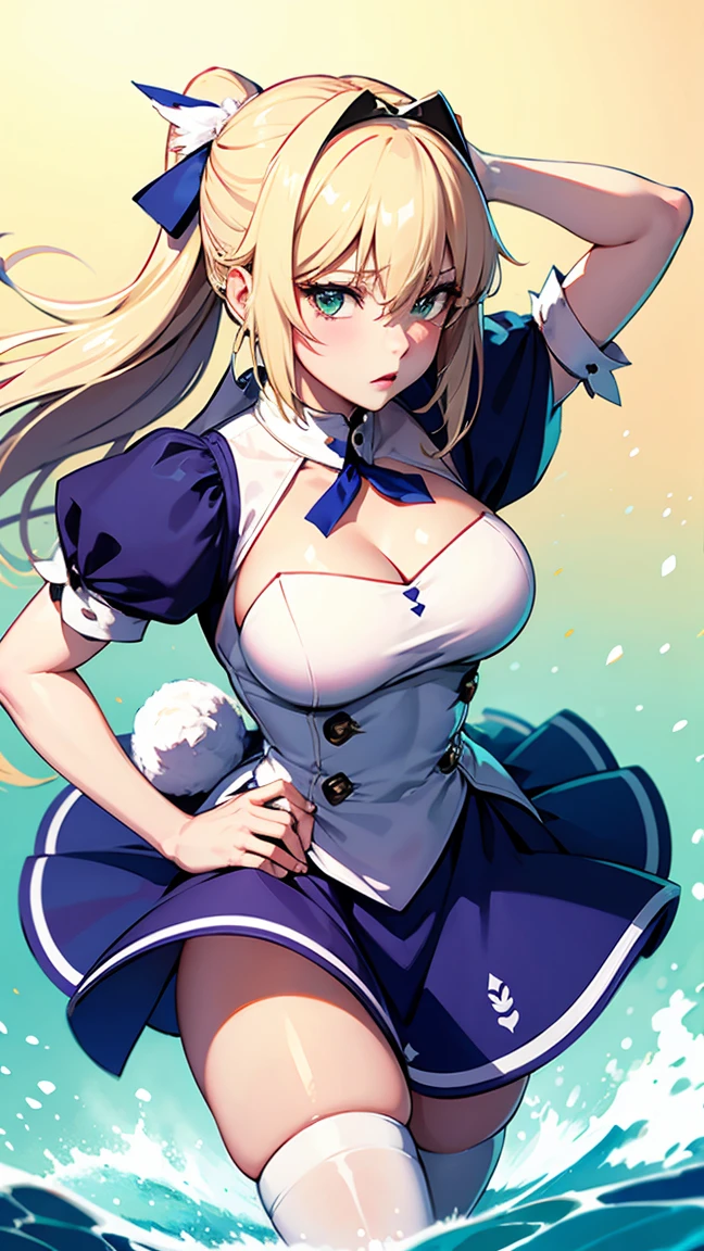 Rabbit Arturia&#39;s hairstyle, Artoria the Rabbit Cosplay Costume, One girl, Pectoral muscle, alone, Blonde, Green Eyes, French Braidings, Long Hair, Big ample breasts, Cleavage, ponytail, Side Lock, Bans, belly button, Looking up at the viewer, Bare shoulders, Braiding, Hair between the eyes, ウサギのPause, tiara, Ahegao, Blushing huge saggy breasts:1.8, Huge chubby sexy :1.9, Huge Sexy , Sexy Legs:2.0, , Prohibited to wear, No clothes, White transparent tights, Hugging legs, Hug my feet, Hugging legs, squats and leg hugs,  Pause, Lying down , Lie down with your legs hugged, You are so sexy