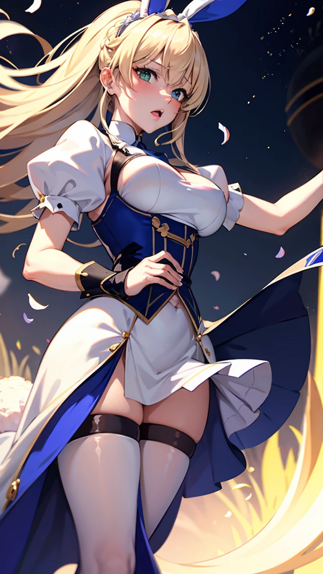 Rabbit Arturia&#39;s hairstyle, Artoria the Rabbit Cosplay Costume, One girl, Pectoral muscle, alone, Blonde, Green Eyes, French Braidings, Long Hair, Big ample breasts, Cleavage, ponytail, Side Lock, Bans, belly button, Looking up at the viewer, Bare shoulders, Braiding, Hair between the eyes, ウサギのPause, tiara, Ahegao, Blushing huge saggy breasts:1.8, Huge chubby sexy :1.9, Huge Sexy , Sexy Legs:2.0, , Prohibited to wear, No clothes, White transparent tights, Hugging legs, Hug my feet, Hugging legs, squats and leg hugs,  Pause, Lying down , Lie down with your legs hugged, You are so sexy