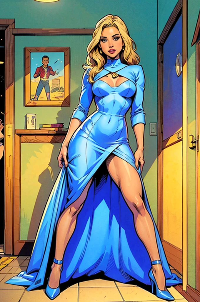 Comic storyboard:1.8, Cartoon comic strips,comic strip:: Jennifer Lawrence,Selena Gomez(1 mujer) The full body of a 30 year old blonde,Vestido con un hermoso traje de capitana. ,En una casa futurista, estilo comics marvel, hiper hd, 24K UltraHD