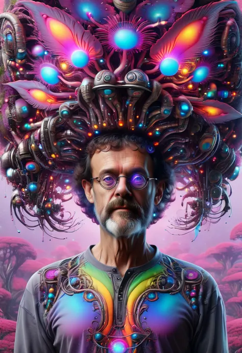terence McKenna full body with psychedelic mushrooms, psychedelic, fractal, Claymorphism, cinematic lighting, dramatic, octane r...