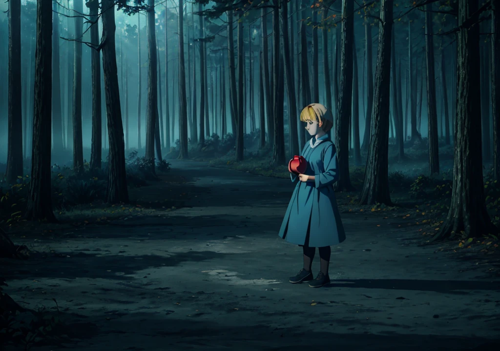 a girl with short blonde hair, in a light blue dress, holding an apple, forest, autumn, 2D, dark environment, dry leaves, dark environment, fog, night, dark,