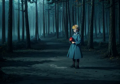 a girl with short blonde hair, in a light blue dress, holding an apple, forest, autumn, 2D, dark environment, dry leaves, dark e...