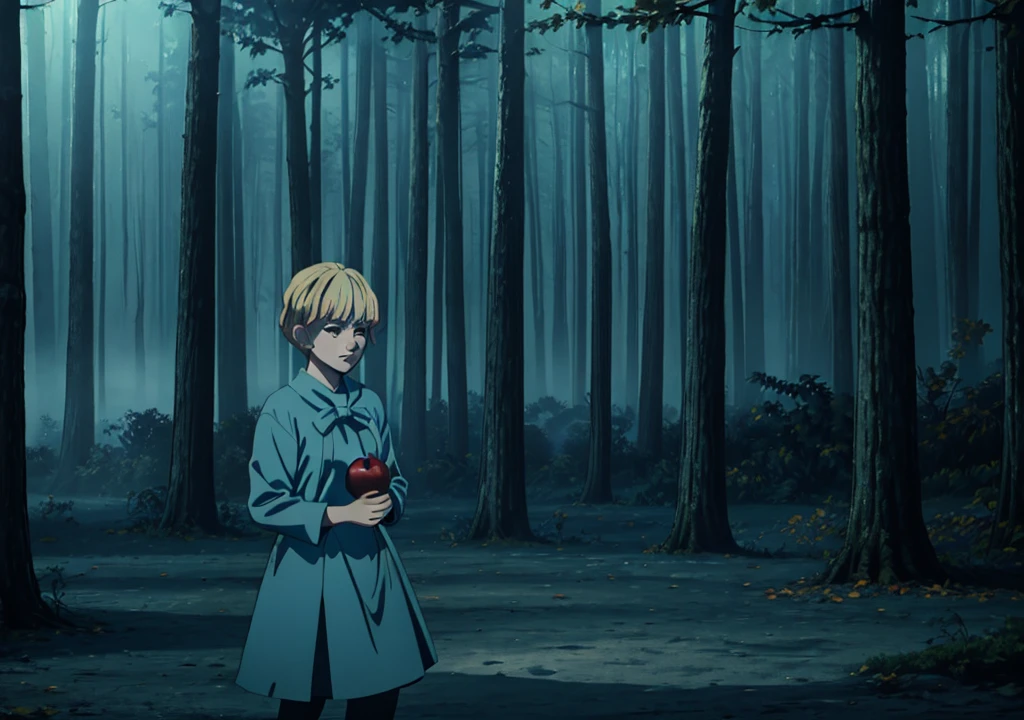 a girl with short blonde hair, in a light blue dress, holding an apple, forest, autumn, 2D, dark environment, dry leaves, dark environment, fog, night, dark,