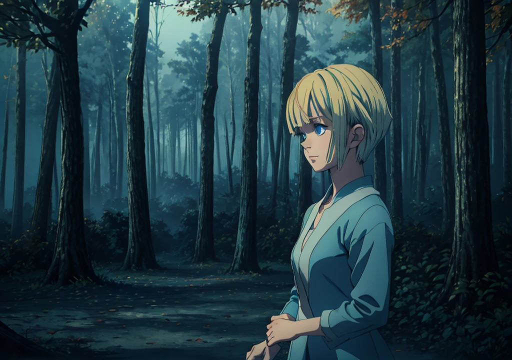 Une fille aux cheveux blonds courts, dans une robe bleu clair, tenant une pomme, forêt, automne, 2j, sombre environment, feuilles sèches, sombre environment, brouillard, nuit, sombre,