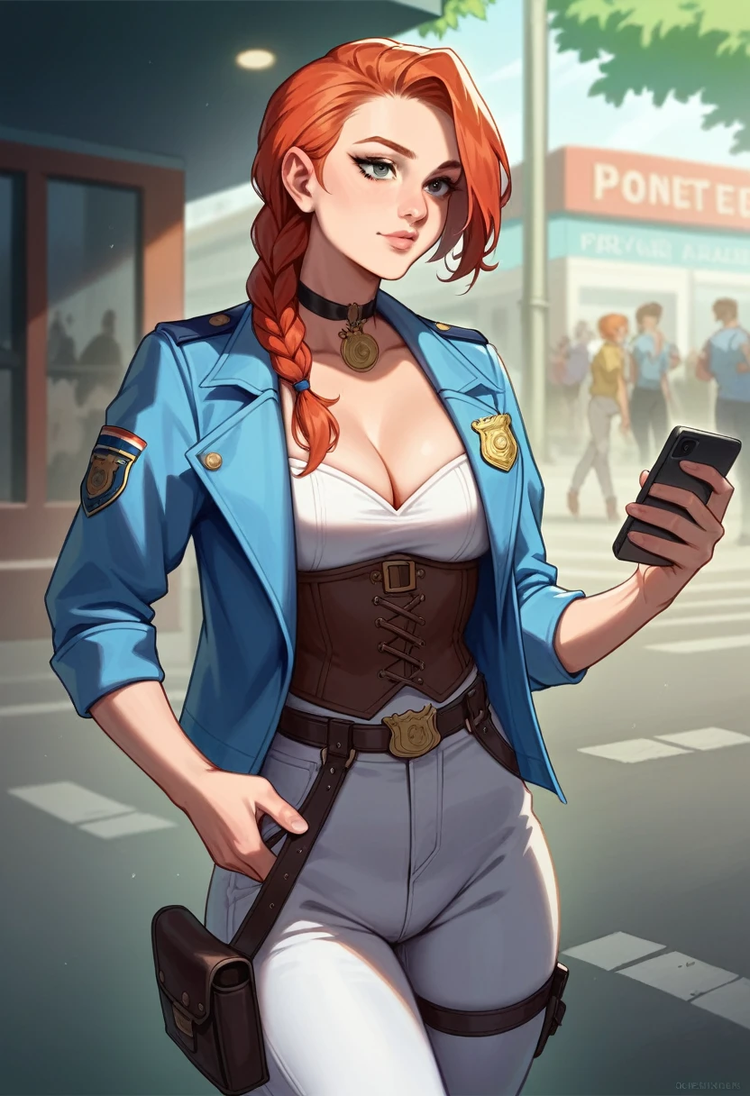 NSFW,One girl, Portrait of a beautiful donkey pex, Athletic ability, Blue jacket, White corset, skirt, White trousers, Police Medal,Holster on waist,Redhead, Braid, compensate, choker, Cleavage, Wide Hips, Volumetric lighting, Highest quality, masterpiece, Intricate details, Tone Mapping, Sharp focus, Super detailed, Trending on Art Station,Urban area, Realistic anime,cartoon,Urban area,Sideways glance,Coffee in hand,Looking at a smartphone