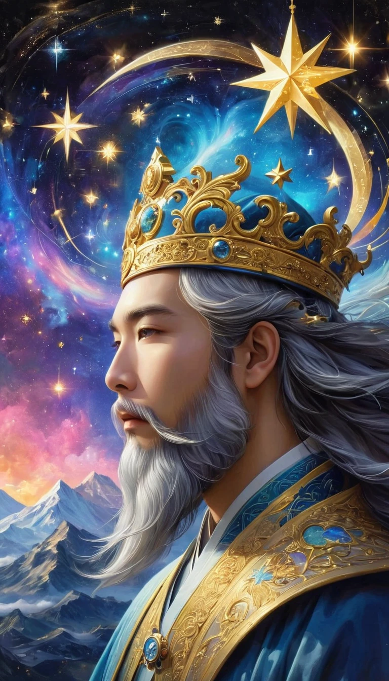 compass，Seven Star Array，Astral，a wise old Chinese Taoist sorcerer in flowing black robe, long white beard and eyebrows, wearing a traditional scholar's hat, standing on a mountain peak gazing at the starry night sky, surrounded by glowing mystical runes and symbols, ethereal atmosphere, highly detailed, cinematic lighting, digital art, concept art, fantasy,Stills, Widescreen, best quality, masterpiece, very aesthetic, Perfect composition, Intricate details, Extremely detailed, Bright colors