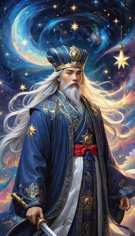 compass，seven star array，astral，a wise old chinese taoist sorcerer in flowing black robe, long white beard and eyebrows, wearing...