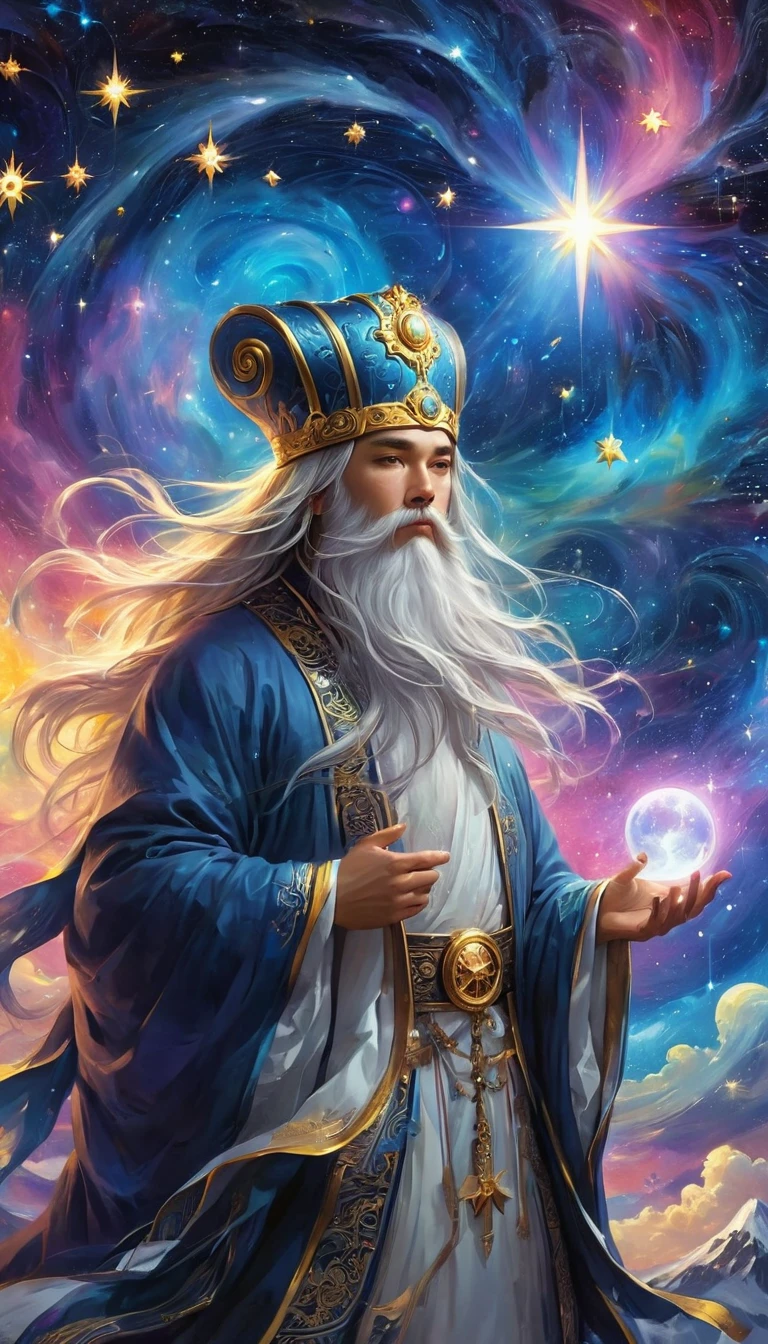 compass，Seven Star Array，Astral，a wise old Chinese Taoist sorcerer in flowing black robe, long white beard and eyebrows, wearing a traditional scholar's hat, standing on a mountain peak gazing at the starry night sky, surrounded by glowing mystical runes and symbols, ethereal atmosphere, highly detailed, cinematic lighting, digital art, concept art, fantasy,Stills, Widescreen, best quality, masterpiece, very aesthetic, Perfect composition, Intricate details, Extremely detailed, Bright colors