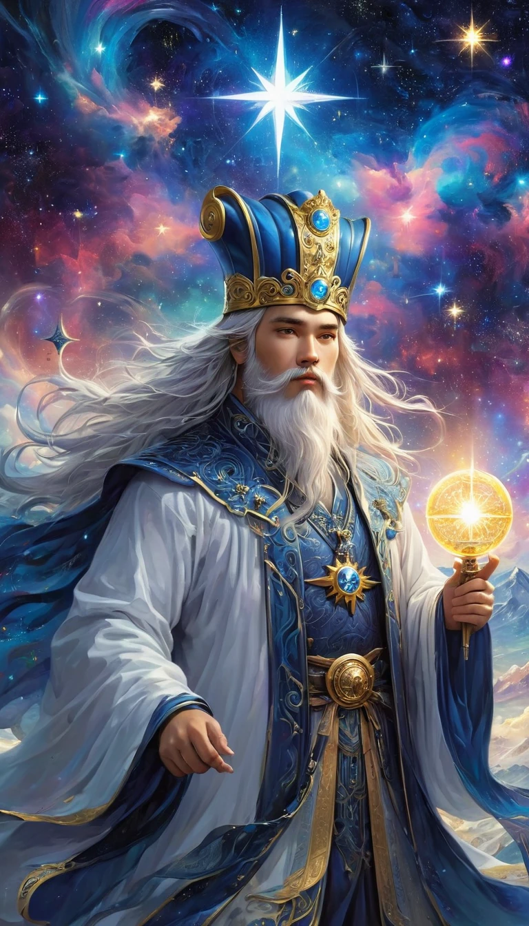 compass，Seven Star Array，Astral，a wise old Chinese Taoist sorcerer in flowing black robe, long white beard and eyebrows, wearing a traditional scholar's hat, standing on a mountain peak gazing at the starry night sky, surrounded by glowing mystical runes and symbols, ethereal atmosphere, highly detailed, cinematic lighting, digital art, concept art, fantasy,Stills, Widescreen, best quality, masterpiece, very aesthetic, Perfect composition, Intricate details, Extremely detailed, Bright colors