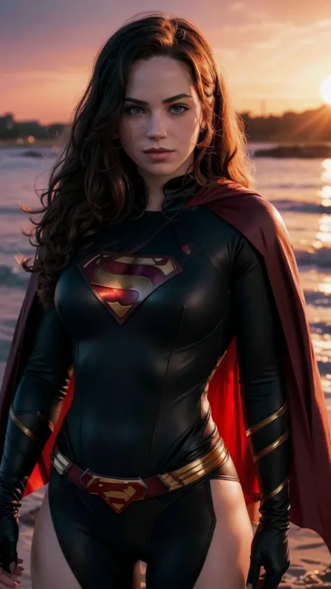 a beautiful freckled woman with pale skin, wavy hair, smiling, wearing a sexy (black superman's suit) with long red cape, with o...