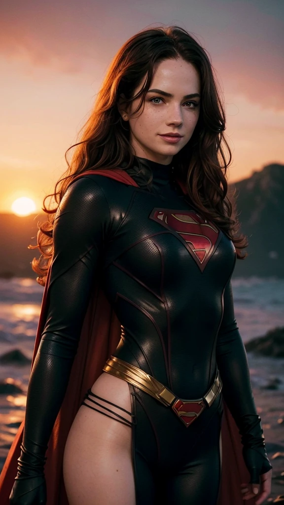 a beautiful freckled woman with pale skin, wavy hair, smiling, wearing a sexy (black superman's suit) with long red cape, with one exposed breast, (m4ry), blushing cheeks, large breasts, ultra-detailed, 8k, best quality, photorealistic, vivid colors, dramatic lighting, (red sky and sunset in the background), ponytail