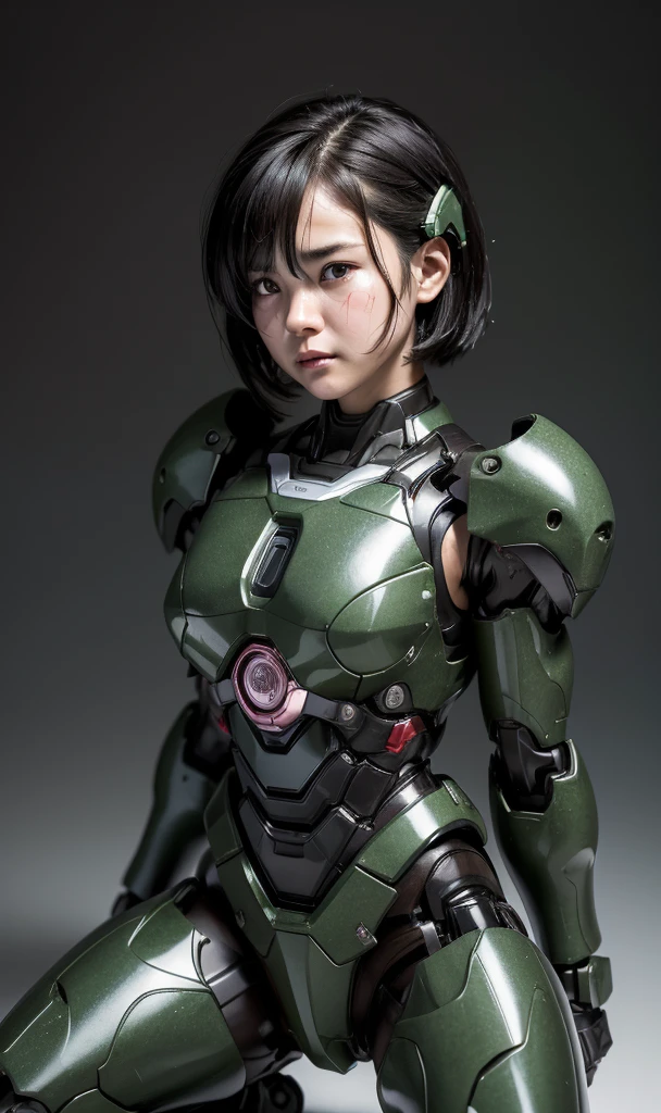 Rough skin, Very detailed, Advanced Details, high quality, 最high quality, High resolution, 1080P, hard disk, beautiful,(War Machine),beautifulサイボーグの女性,Dark Green Mecha Cyborg Girl,In combat,Mecha Body Girl,、Junior high school girl　Very short hair、Sweaty brown eyes、Sweaty face、Expression of pain　blush　cute　Black-haired　((Steam coming out of the head)) (Steam coming out of the whole body)Glasses　Squat　Spread your legs　M-shaped feet　(Shyness)