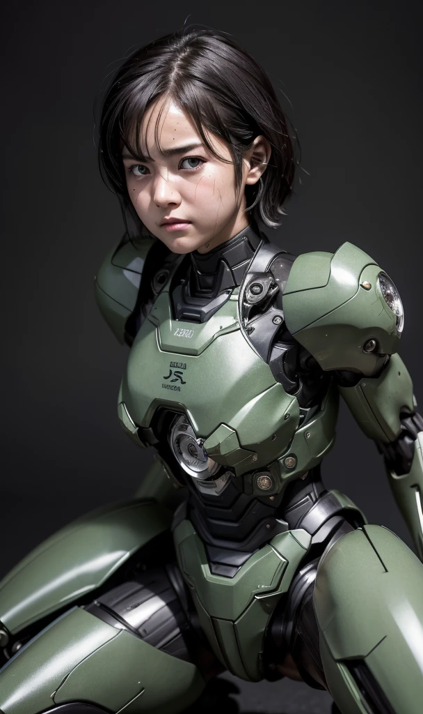 Rough skin, Very detailed, Advanced Details, high quality, 最high quality, High resolution, 1080P, hard disk, beautiful,(War Machine),beautifulサイボーグの女性,Dark Green Mecha Cyborg Girl,In combat,Mecha Body Girl,、Junior high school girl　Very short hair、Sweaty brown eyes、Sweaty face、Expression of pain　blush　cute　Black-haired　((Steam coming out of the head)) (Steam coming out of the whole body)Glasses　Squat　Spread your legs　M-shaped feet　(Shyness)