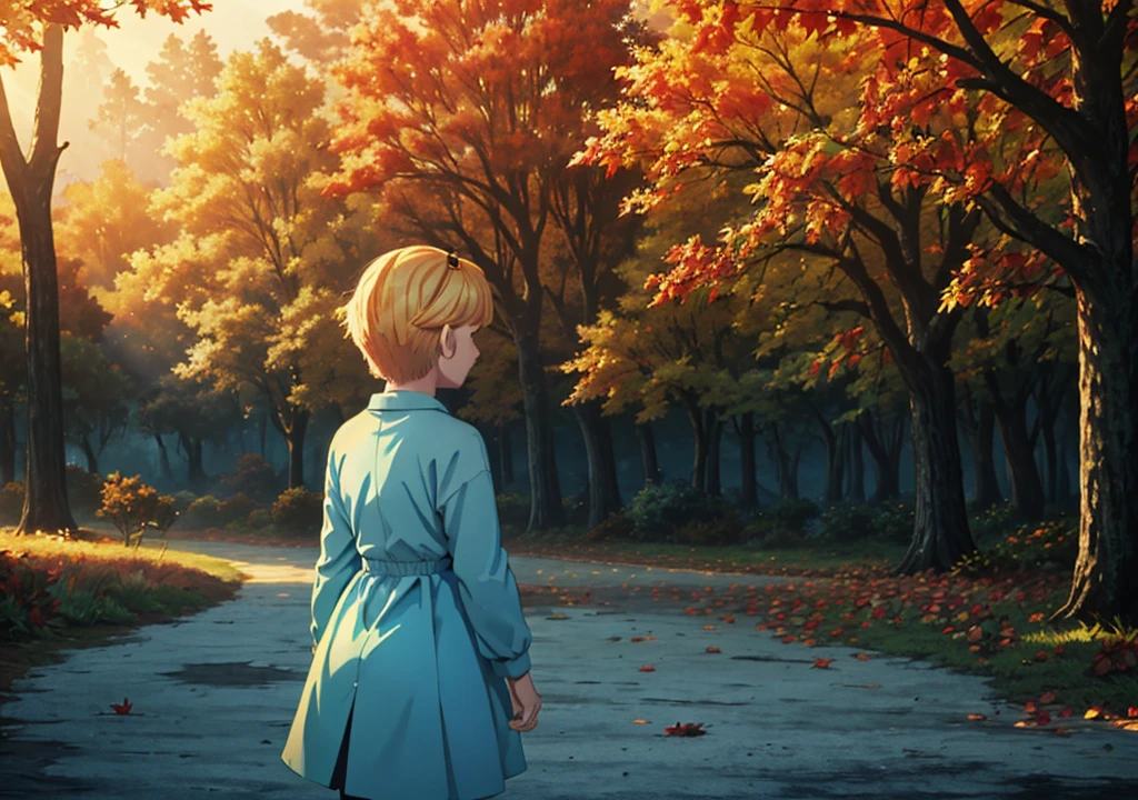 a girl with short blonde hair, in a light blue dress, from the back, holding an apple, forest, autumn, 2D, dark environment, dry leaves,