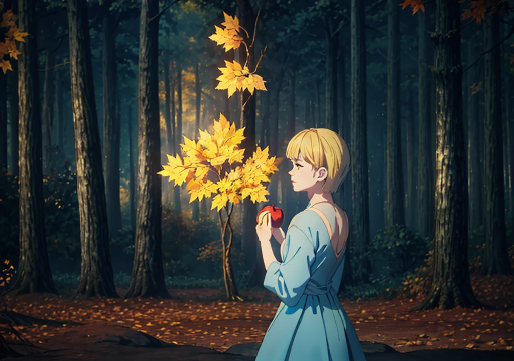 Une fille aux cheveux blonds courts, dans une robe bleu clair, De derrière, tenant une pomme, forêt, automne, 2j, environnement sombre, feuilles sèches,