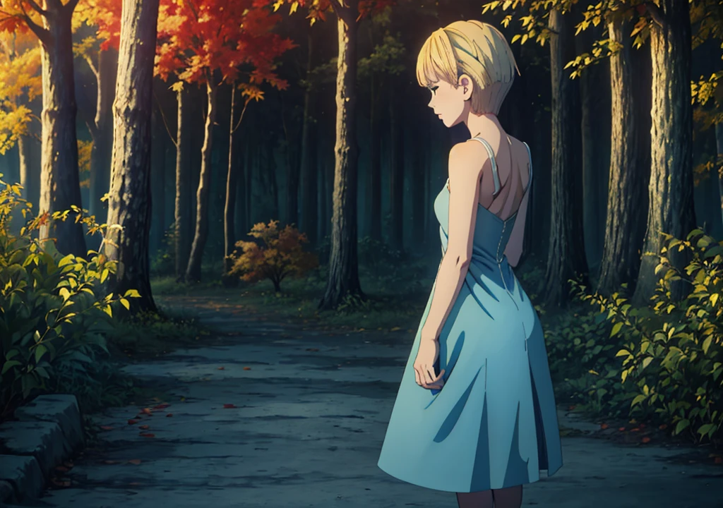 a girl with short blonde hair, in a light blue dress, from the back, holding an apple, forest, autumn, 2D, dark environment, dry leaves,