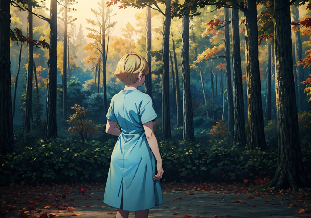 Une fille aux cheveux blonds courts, dans une robe bleu clair, De derrière, tenant une pomme, forêt, automne, 2j, environnement sombre, feuilles sèches,