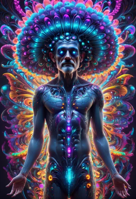 Terence McKenna full body with psychedelic mushrooms, psychedelic, fractal, Claymorphism, cinematic lighting, dramatic, octane r...