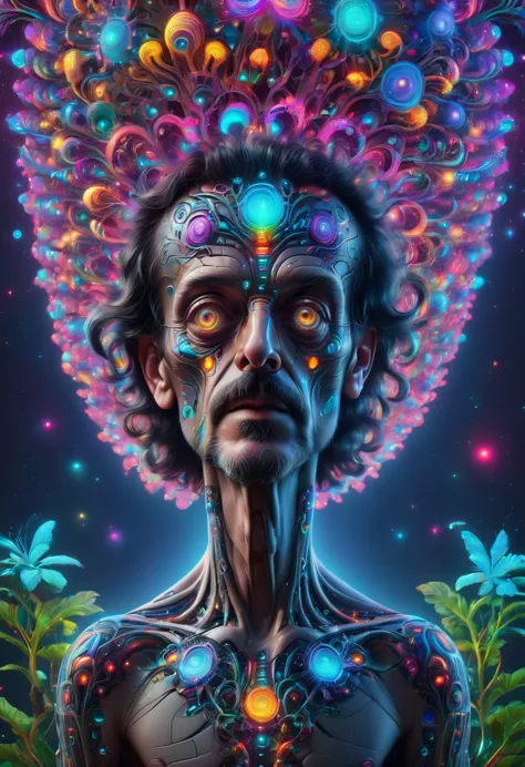 Terence McKenna full body with psychedelic mushrooms, psychedelic, fractal, Claymorphism, cinematic lighting, dramatic, octane r...