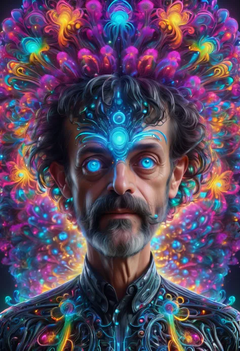 Terence McKenna full body with psychedelic mushrooms, psychedelic, fractal, Claymorphism, cinematic lighting, dramatic, octane r...