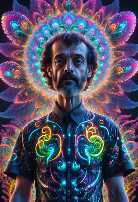 Terence McKenna full body with psychedelic mushrooms, psychedelic, fractal, Claymorphism, cinematic lighting, dramatic, octane r...