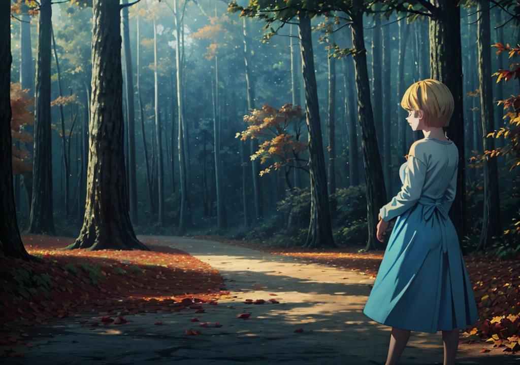 Une fille aux cheveux blonds courts, dans une robe bleu clair, De derrière, tenant une pomme, forêt, automne, 2j, environnement sombre, feuilles sèches,