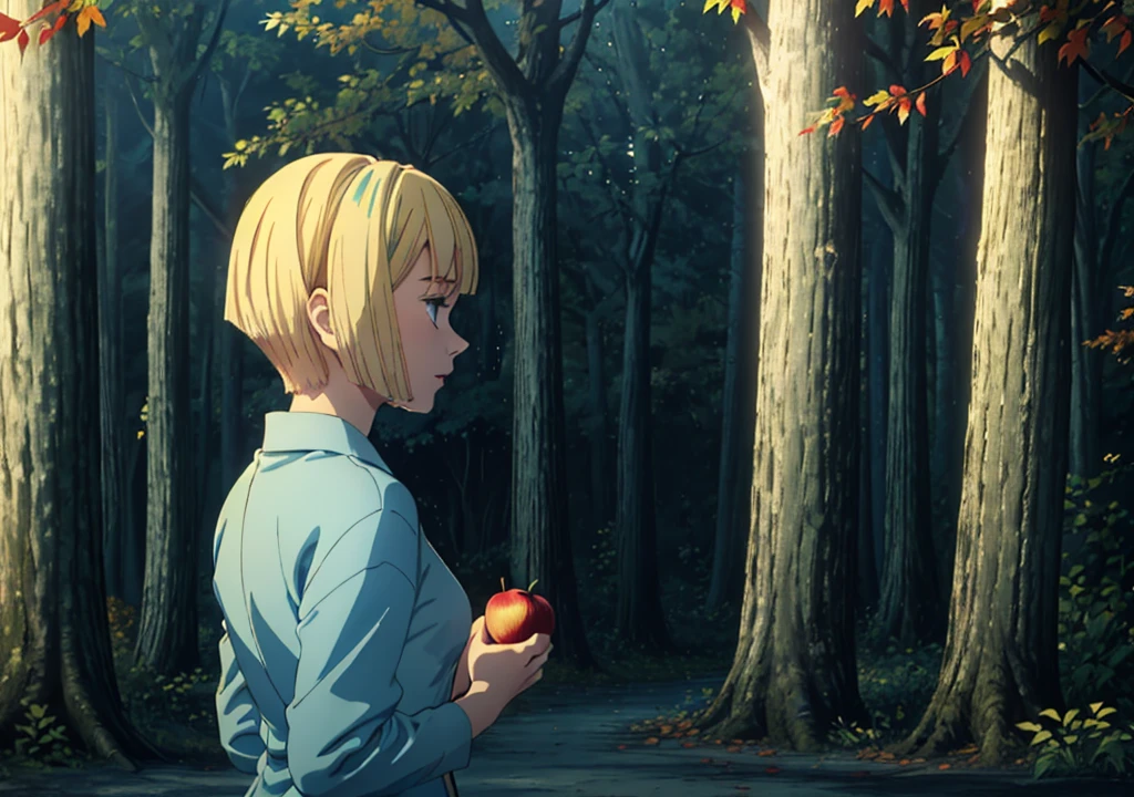 Une fille aux cheveux blonds courts, dans une robe bleu clair, De derrière, tenant une pomme, forêt, automne, 2j, environnement sombre, feuilles sèches,