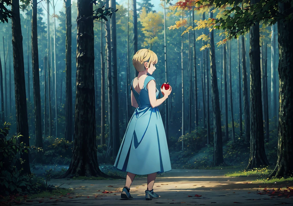 Une fille aux cheveux blonds courts, dans une robe bleu clair, De derrière, tenant une pomme, forêt, automne, 2j, environnement sombre, feuilles sèches,