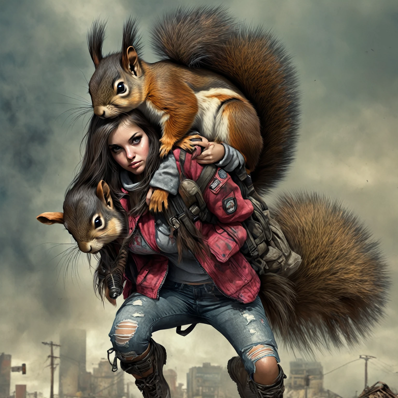 Hyperrealistic art Hyperrealistic art Grunge style post-apocalypse, (Girl survivalist:1.1) with a mutant animal companion. a mutant giant squirrel. Textured, distressed, vintage, edgy, punk rock vibe, dirty, noisy . Extremely high-resolution details, photographic, realism pushed to extreme, fine texture, incredibly lifelike . Extremely high-resolution details, photographic, realism pushed to extreme, fine texture, incredibly lifelike